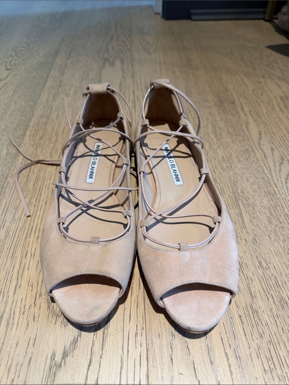 Manolo Blahnik Blush Suede Lace-Up Peep-Toe Flats